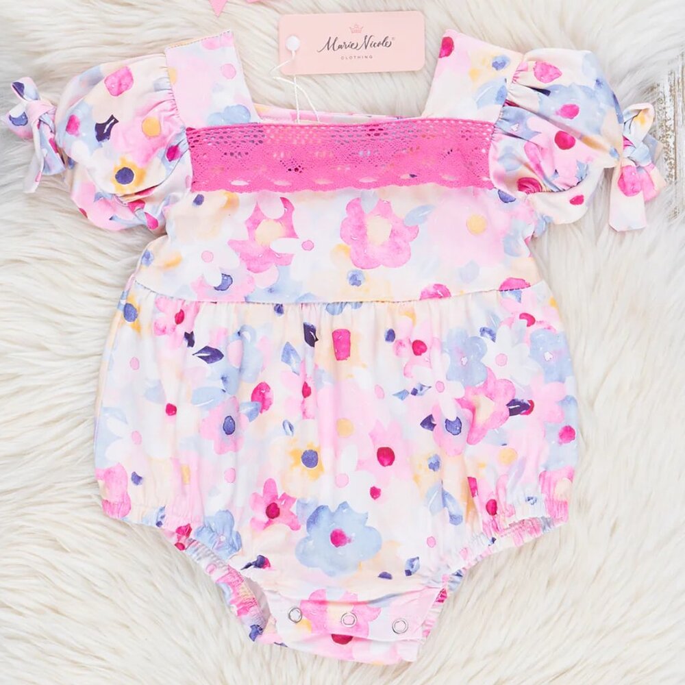 Marie Nicole Magenta Watercolor Floral Lace Hem Bubble (12-18m)